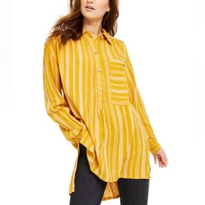 Free People Summer breeze Mustard Striped Partial Button Down linen Shirt/tunic